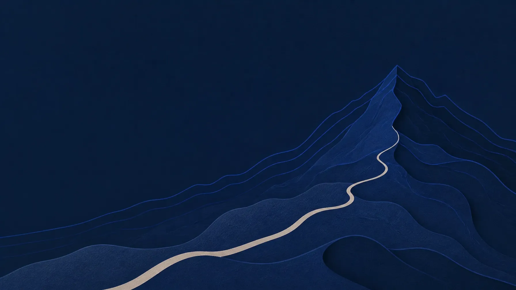 A quiet blue mountain ridge with a pale path winding towards the summit
